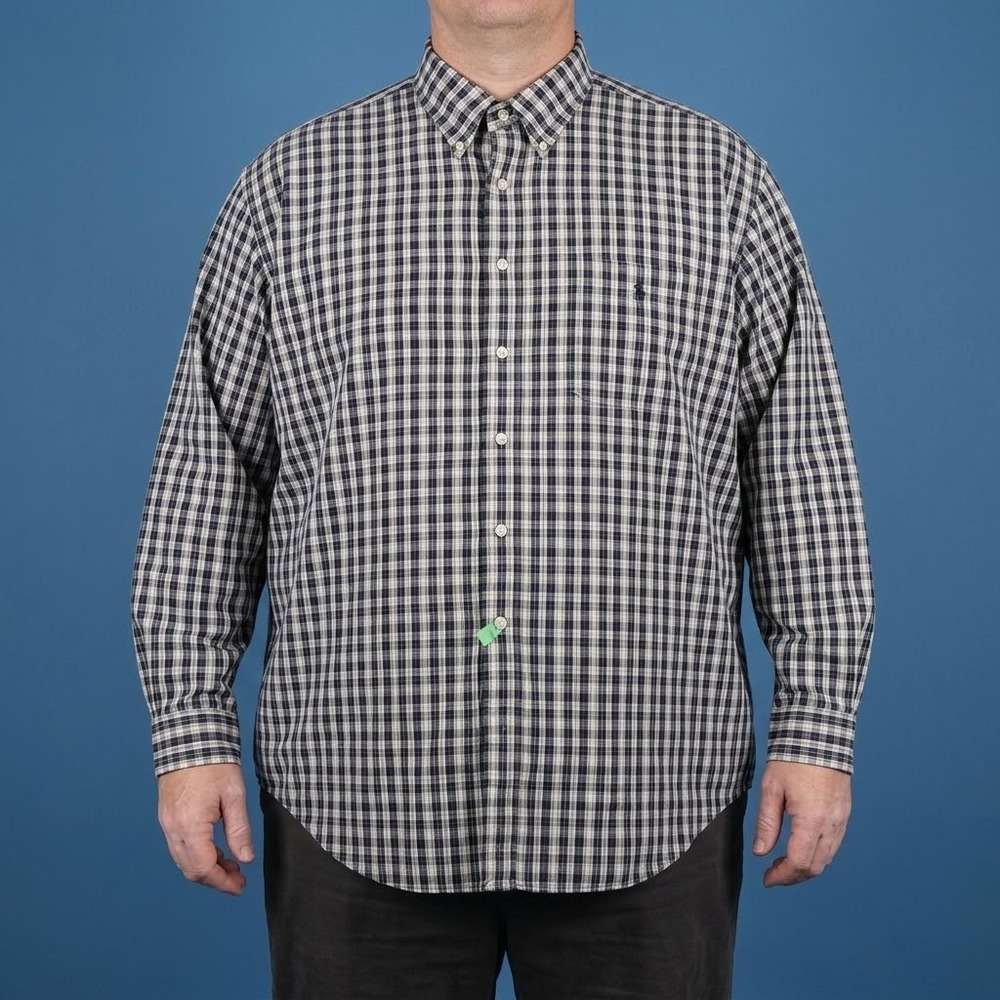 Vintage Ralph Lauren Big Shirt Mens XXL Navy White‎ Plaid Cotton Button Down EUC